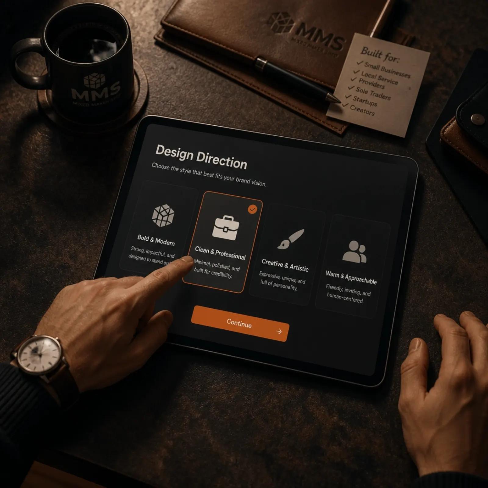 Hands working on a digital tablet, selecting a design direction for a website preview