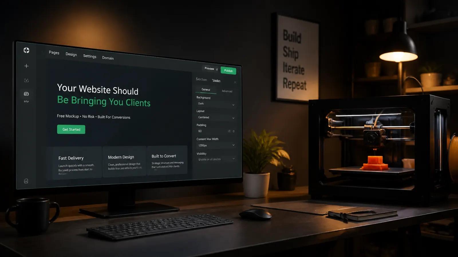 A modern workspace featuring a digital website builder interface on a wide monitor