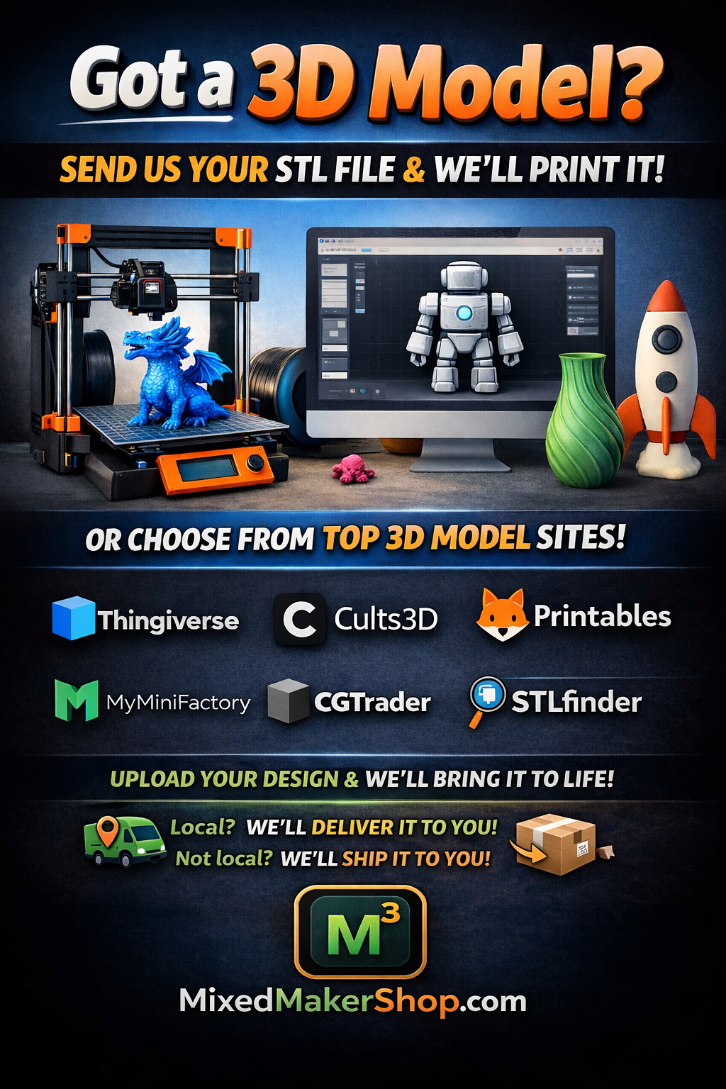 MixedMakerShop workstation with three monitors; behind them, one Bambu Lab A1 with AMS Lite and two Bambu Lab P1S printers with AMS Pro multi-material systems