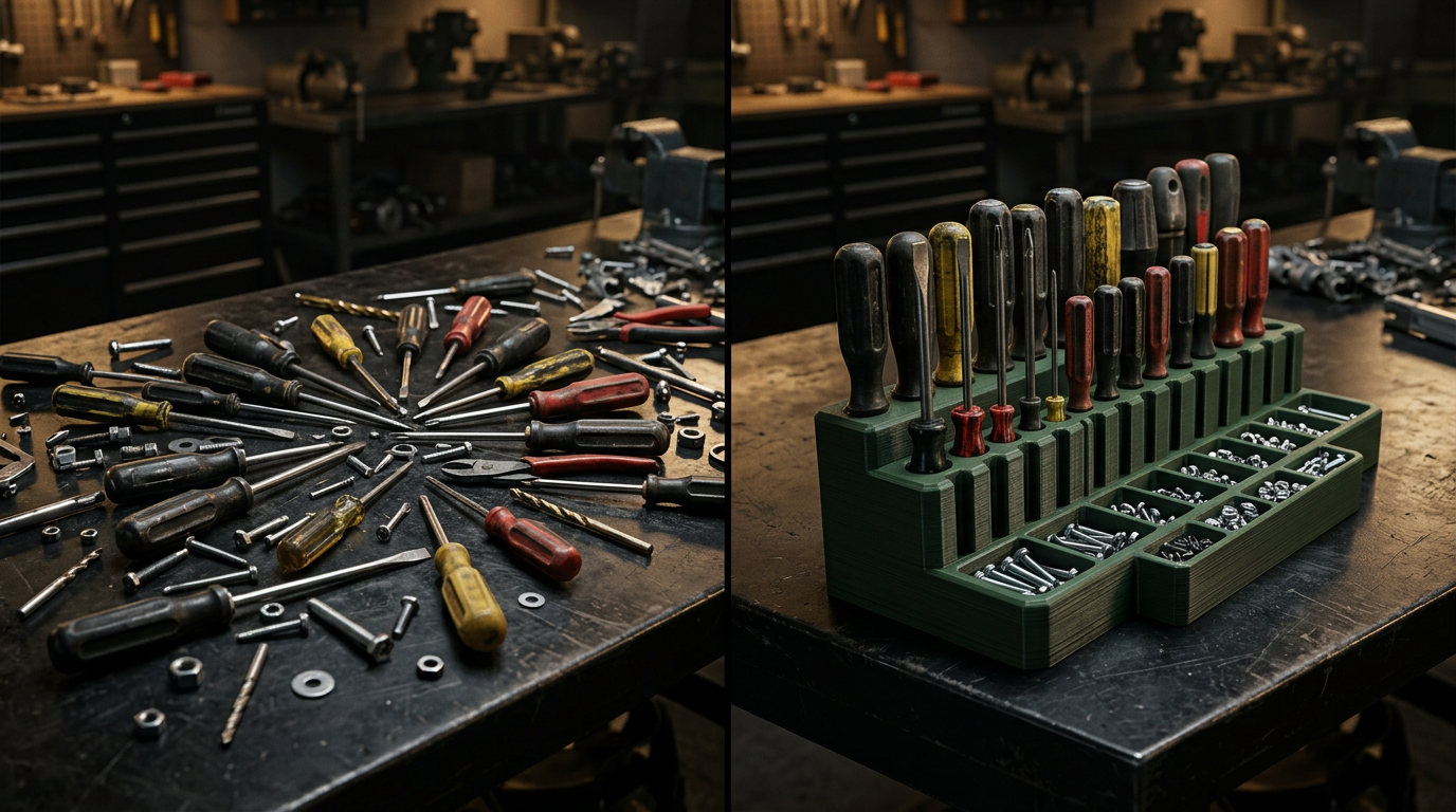 Custom printed organizer with tools in a real workspace