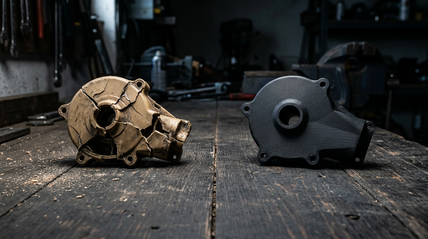 Cracked plastic part beside a solid 3D-printed replacement on a workbench