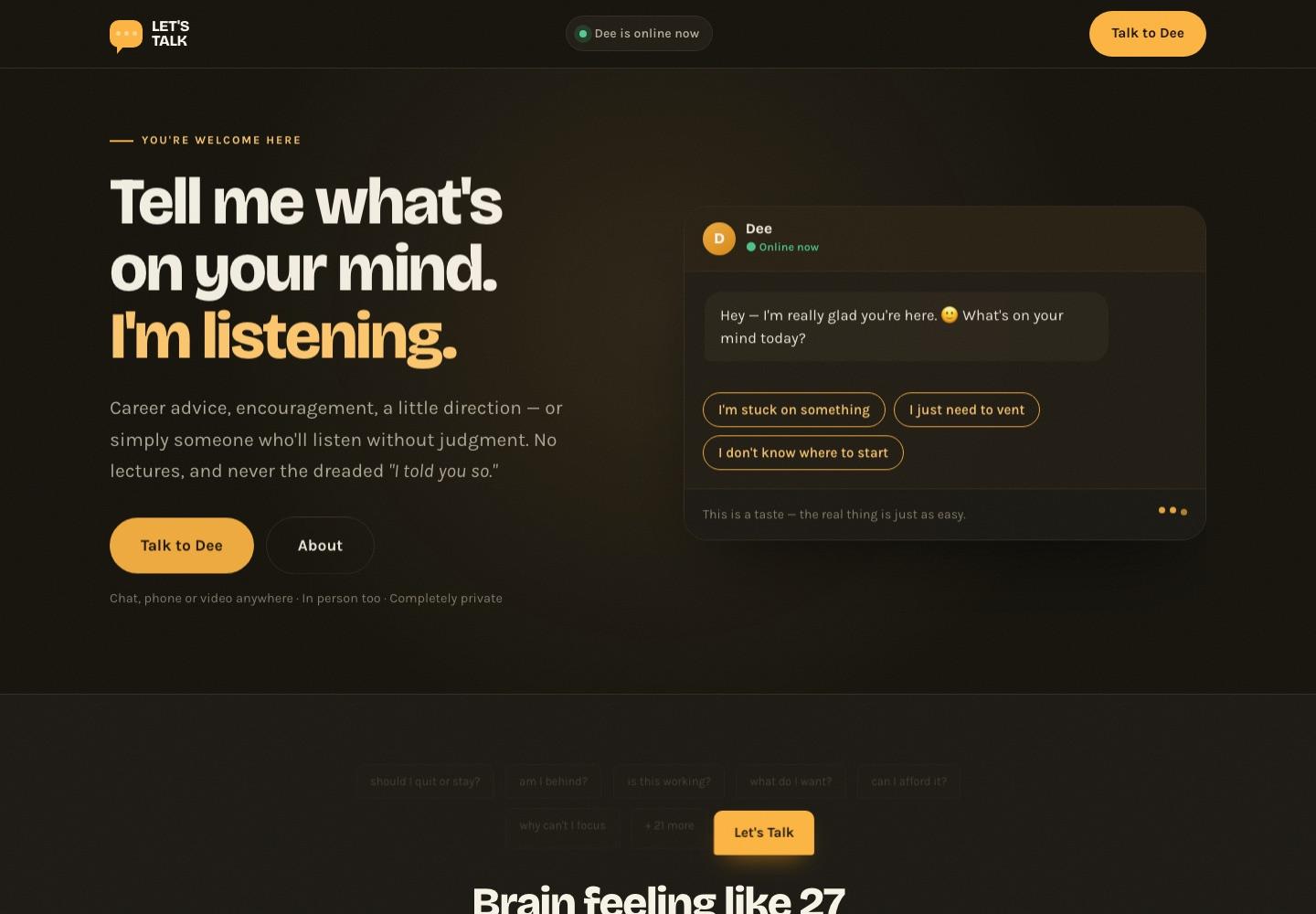 Homepage of lets-talk2.me — 'Tell me what's on your mind. I'm listening.' with a live chat preview