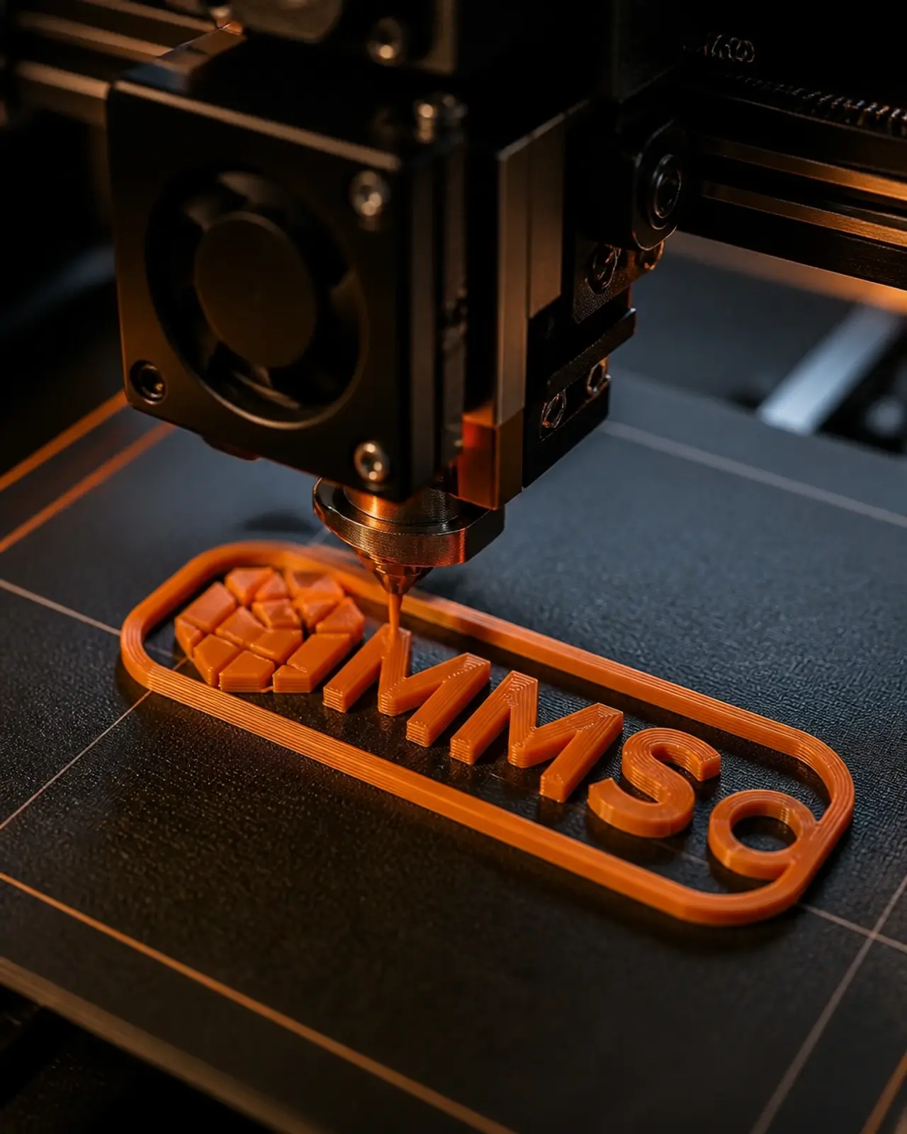 A 3D printer nozzle extruding orange filament to create a custom keychain