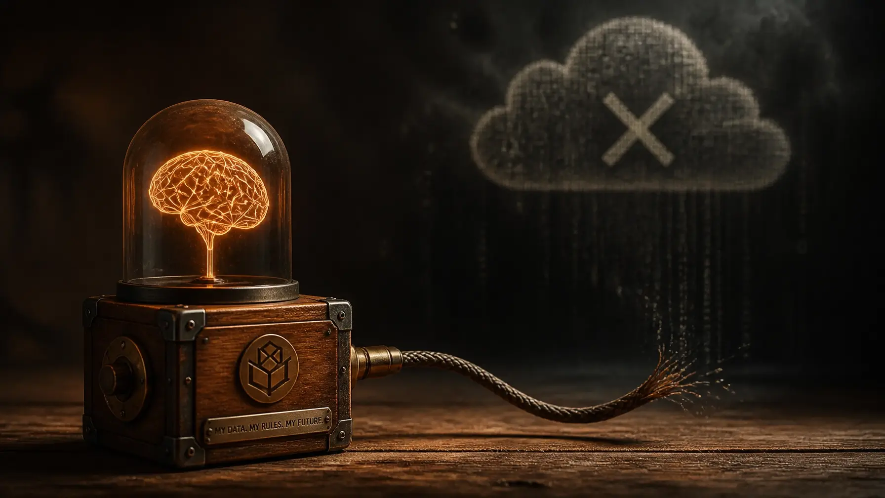 Conceptual image of radical data ownership showing a local brain disconnected from a cloud