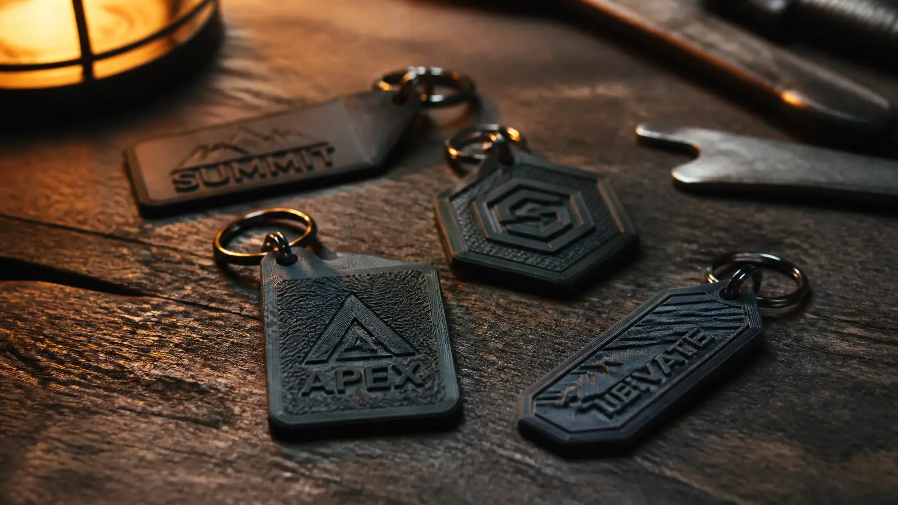 A cinematic macro photograph of custom 3D printed keychains with embossed logos on a rustic wood workbench