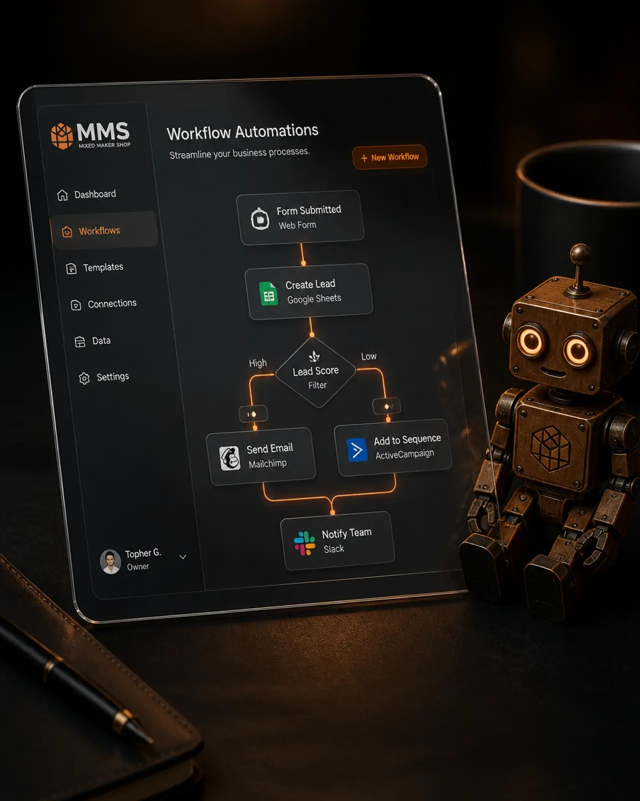 A sleek digital interface on a glass tablet showing a workflow automation diagram in a modern studio