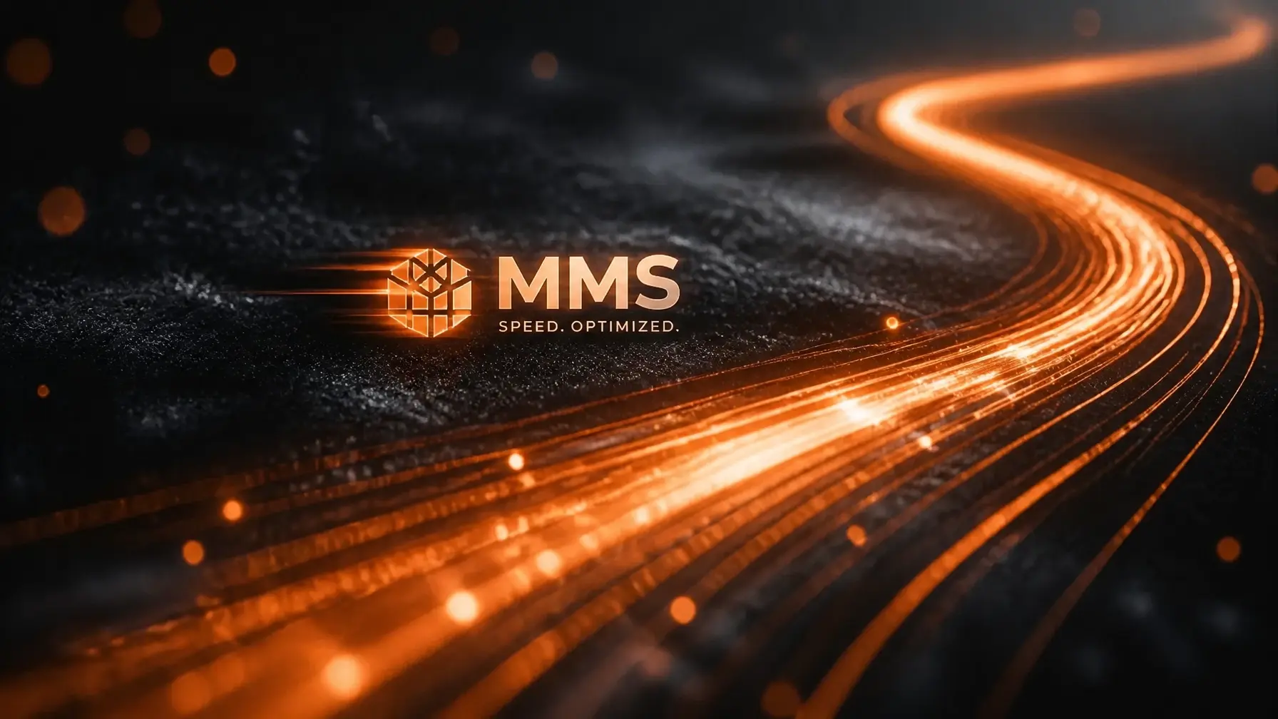 Abstract orange light trails on a dark charcoal background representing digital speed and efficiency