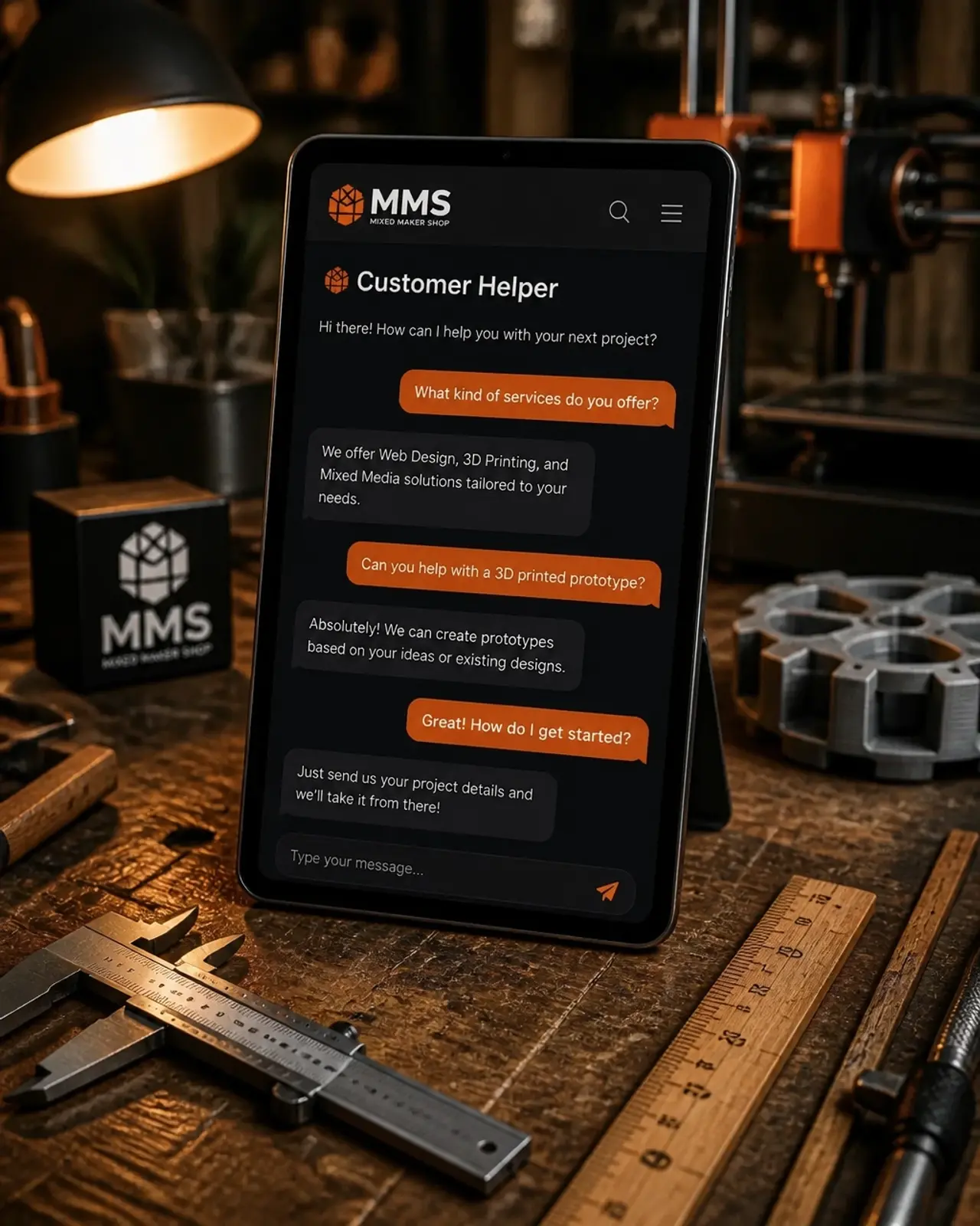 Digital helper bot interface on a workshop workbench