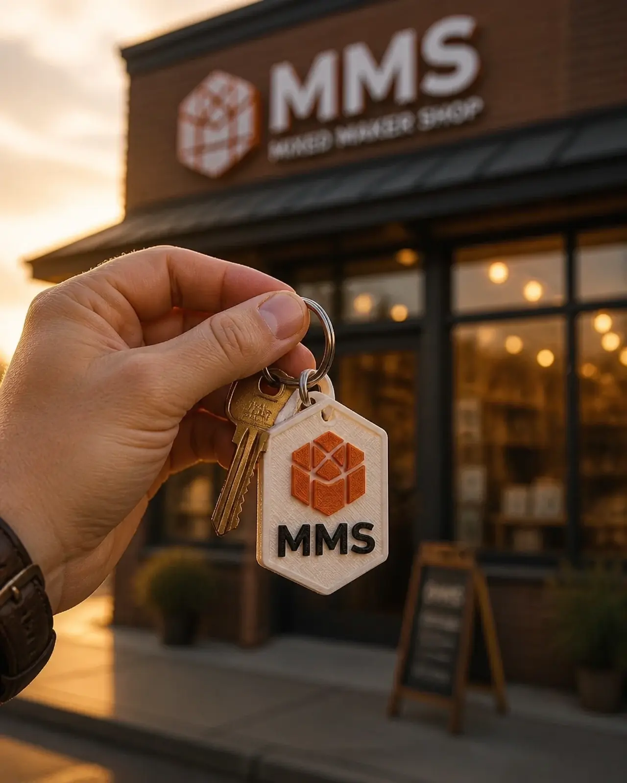A hand holding keys with a custom 3D printed logo keychain