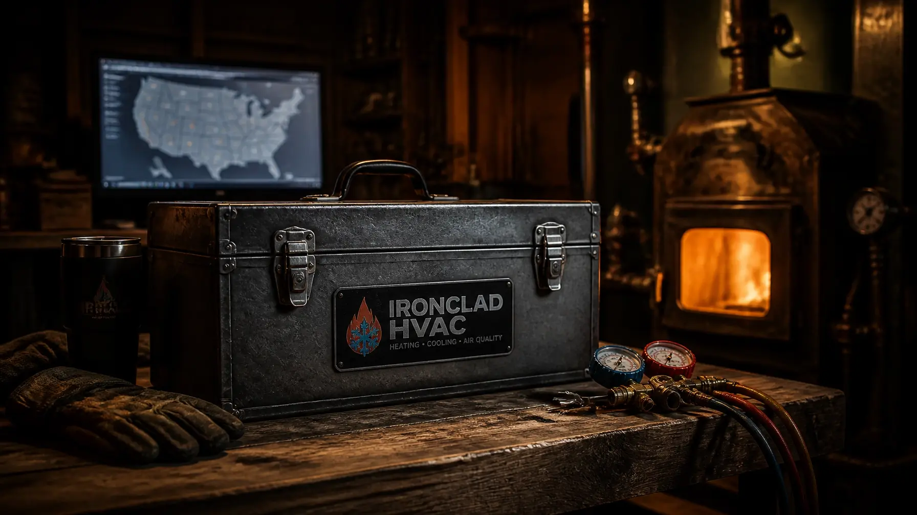 A cinematic shot of a professional HVAC toolbox in a warm, moody workshop environment