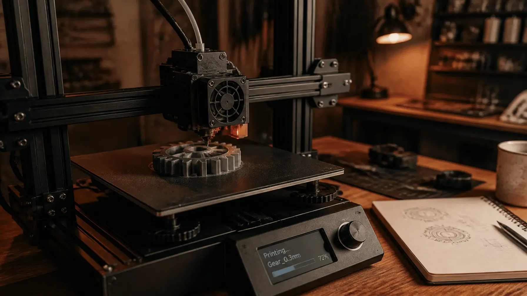 Cinematic view of a 3D printer working on a replacement part in a warm studio workshop