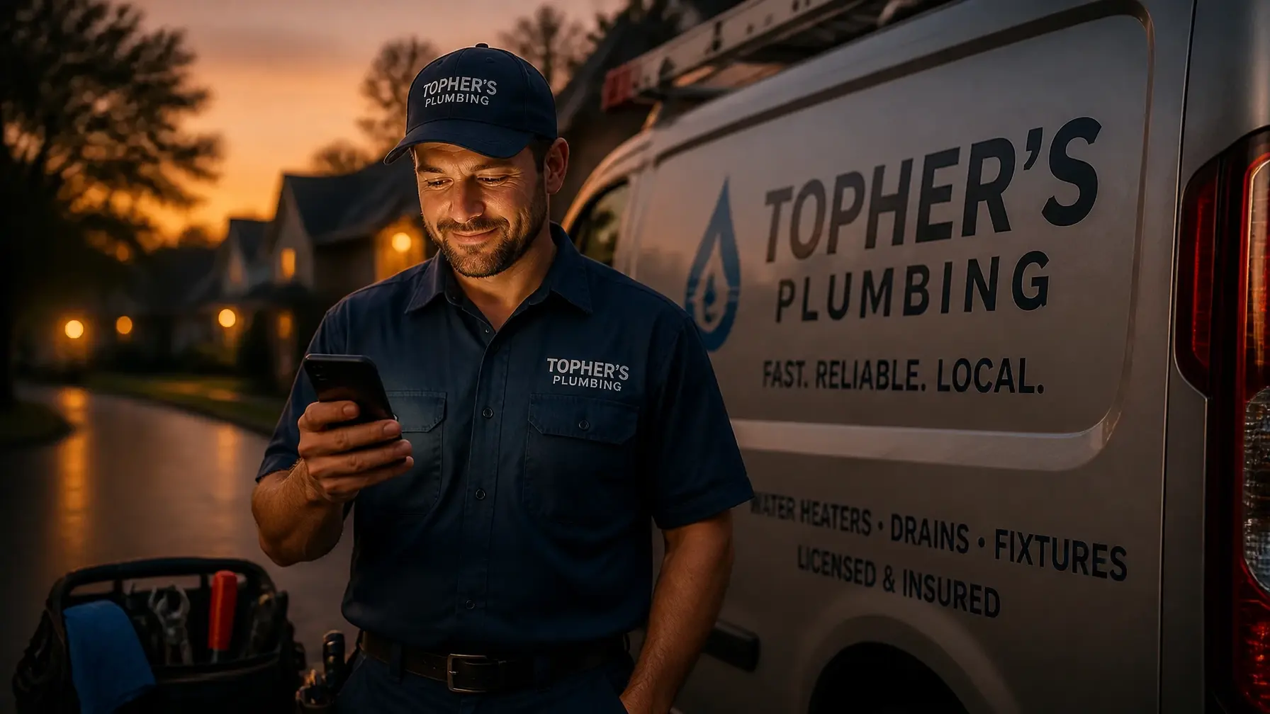 A local service professional checking a job lead on his phone next to his service van at dusk
