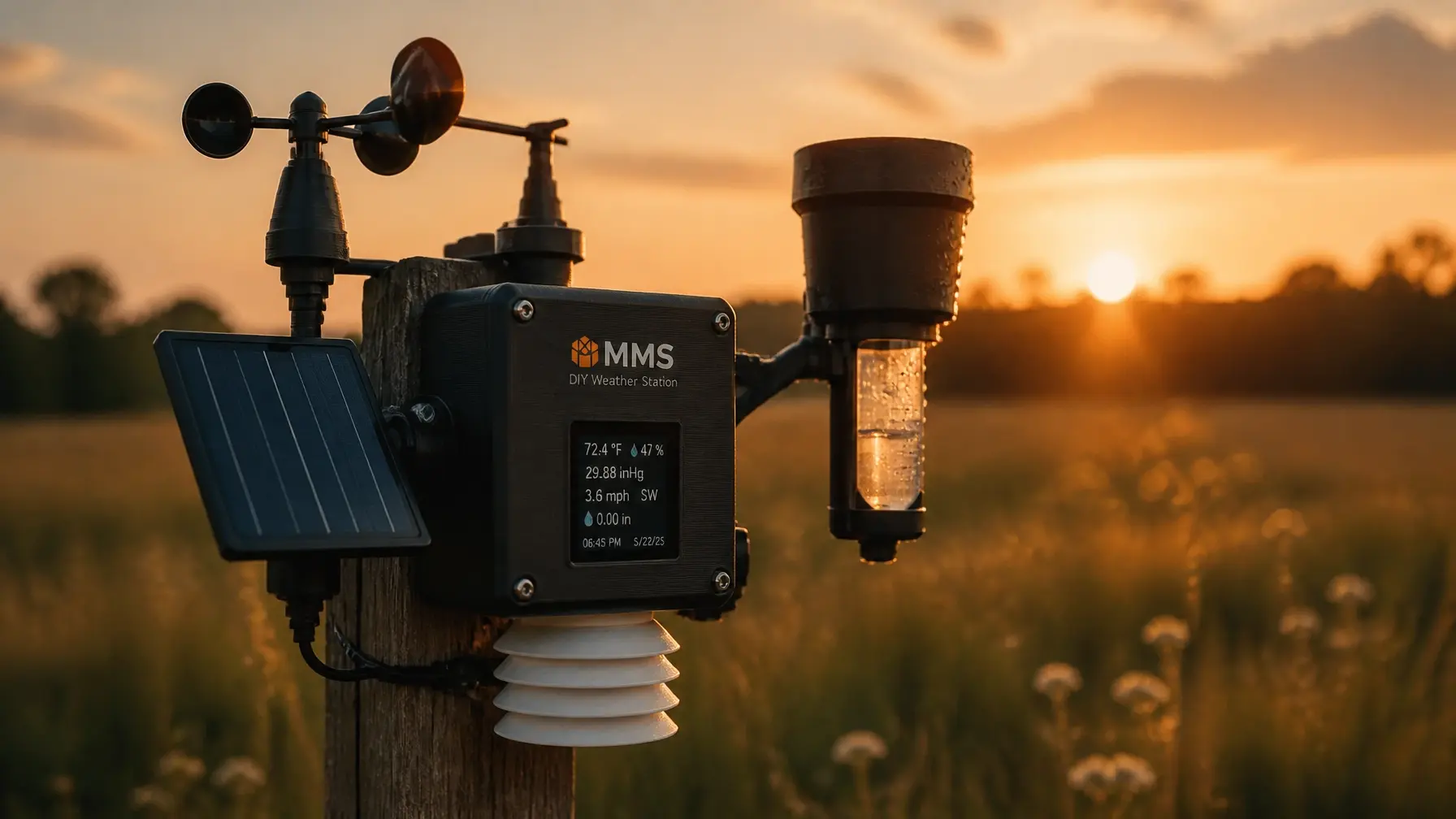 A DIY solar-powered weather station on a rustic wooden post at sunset