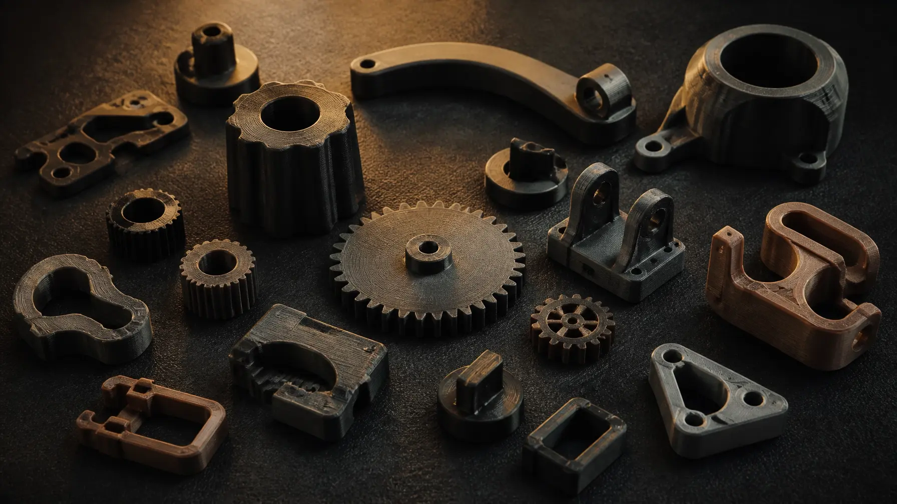 A collection of 3D printed gears and brackets arranged on a dark workbench