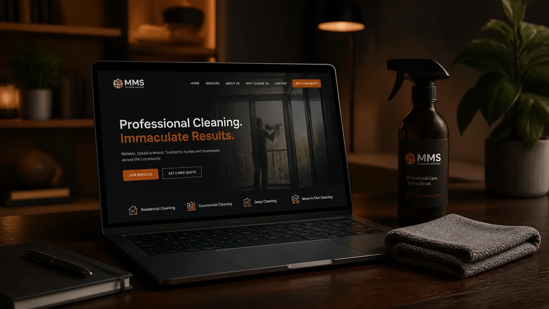 A workspace with a laptop showing a cleaning service website next to cleaning supplies