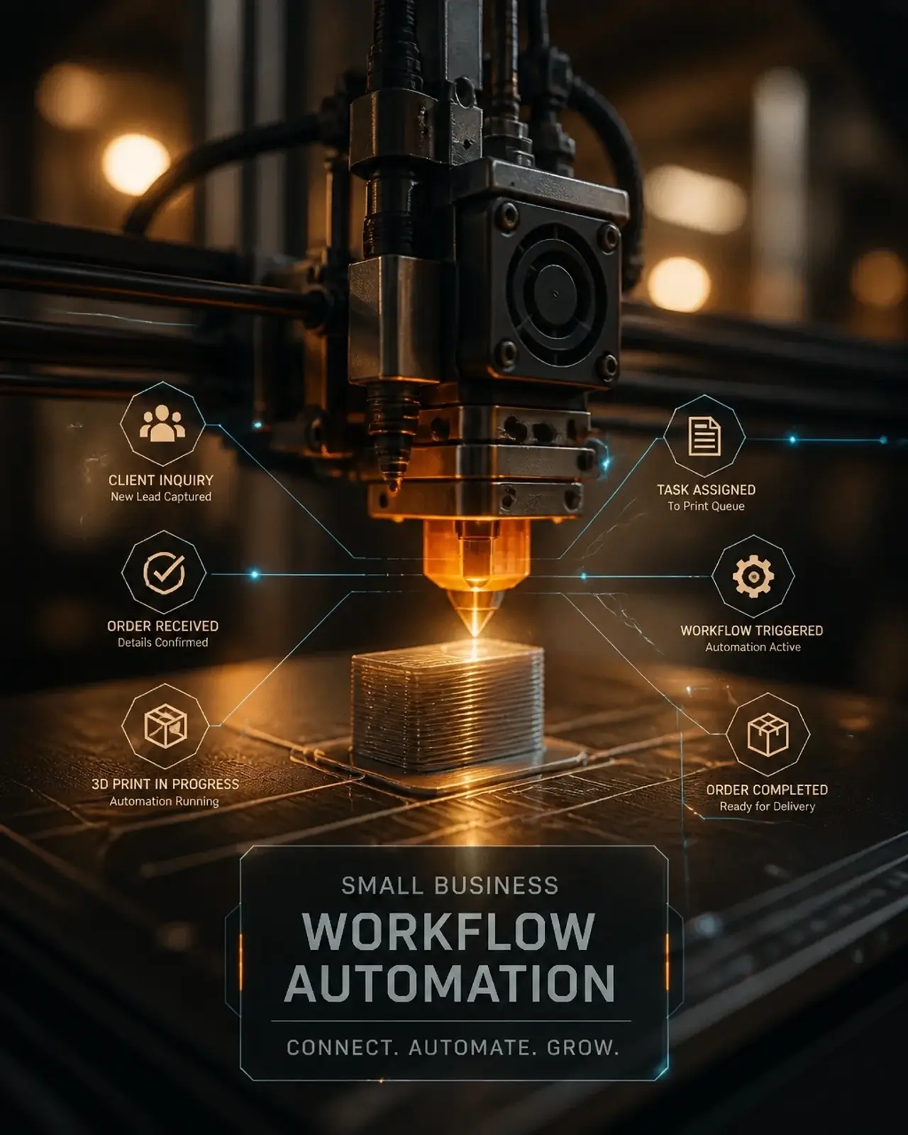 AI automation data nodes overlaying a 3D printing process