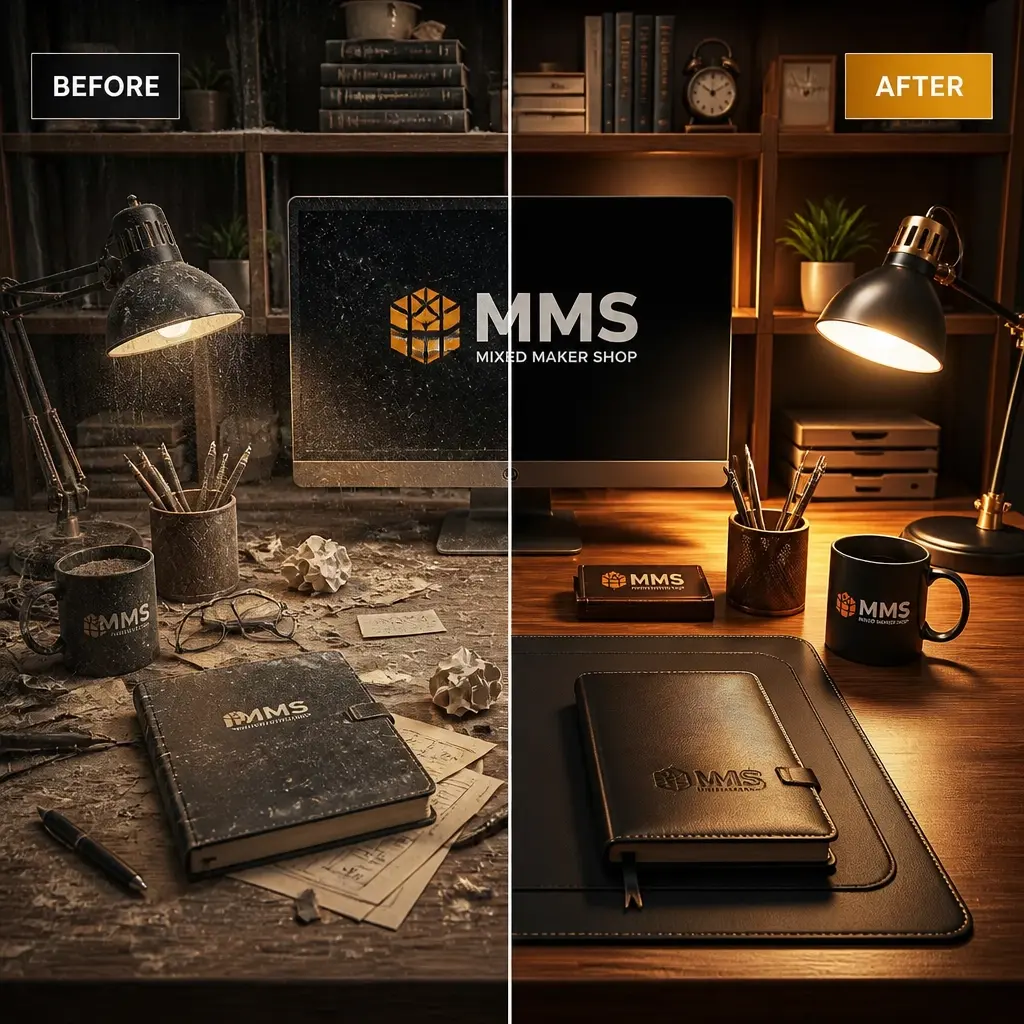 A split-screen visual showing a cluttered office vs. a sparkling clean office