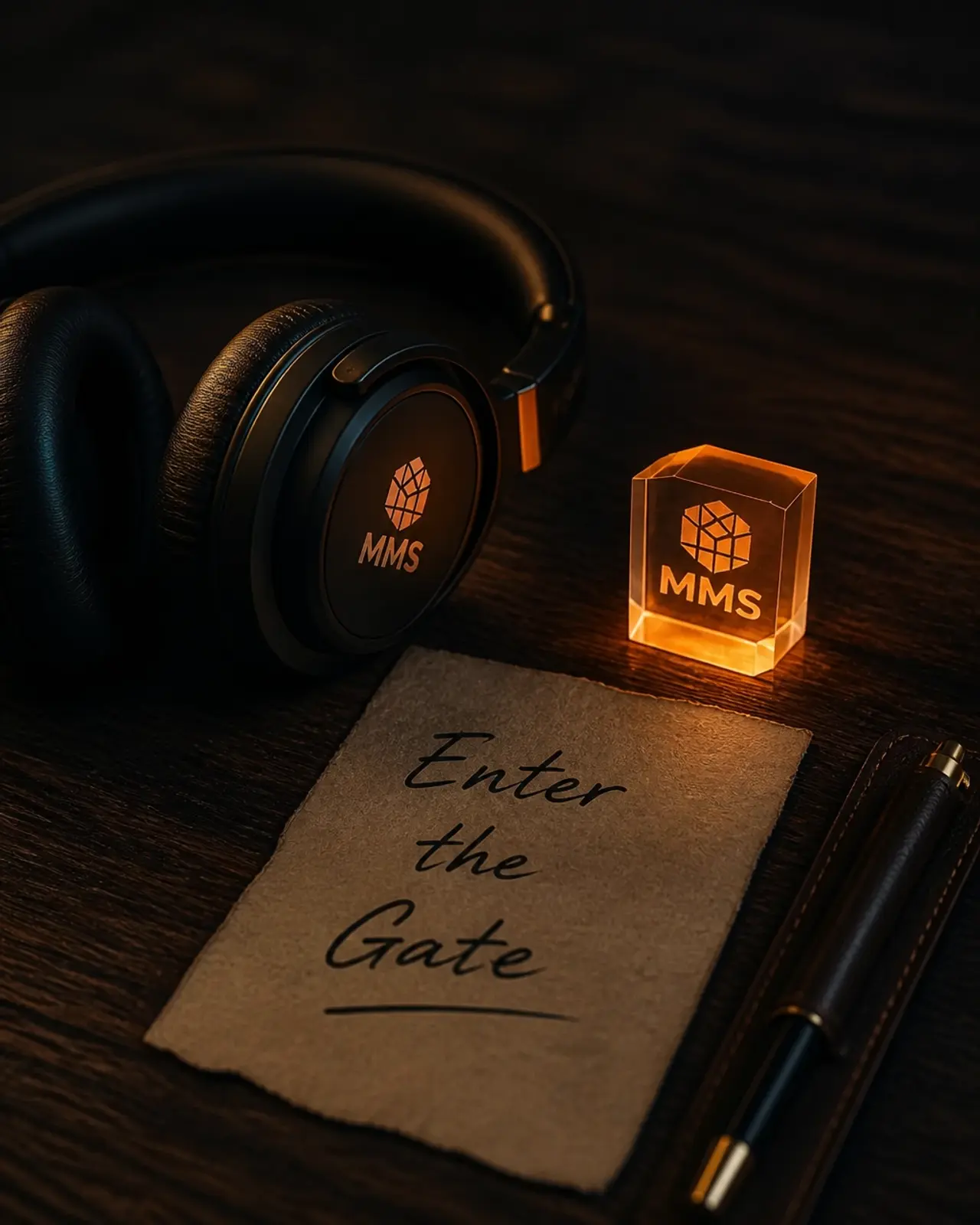 A dark wooden table with headphones and a note that says Enter the Gate