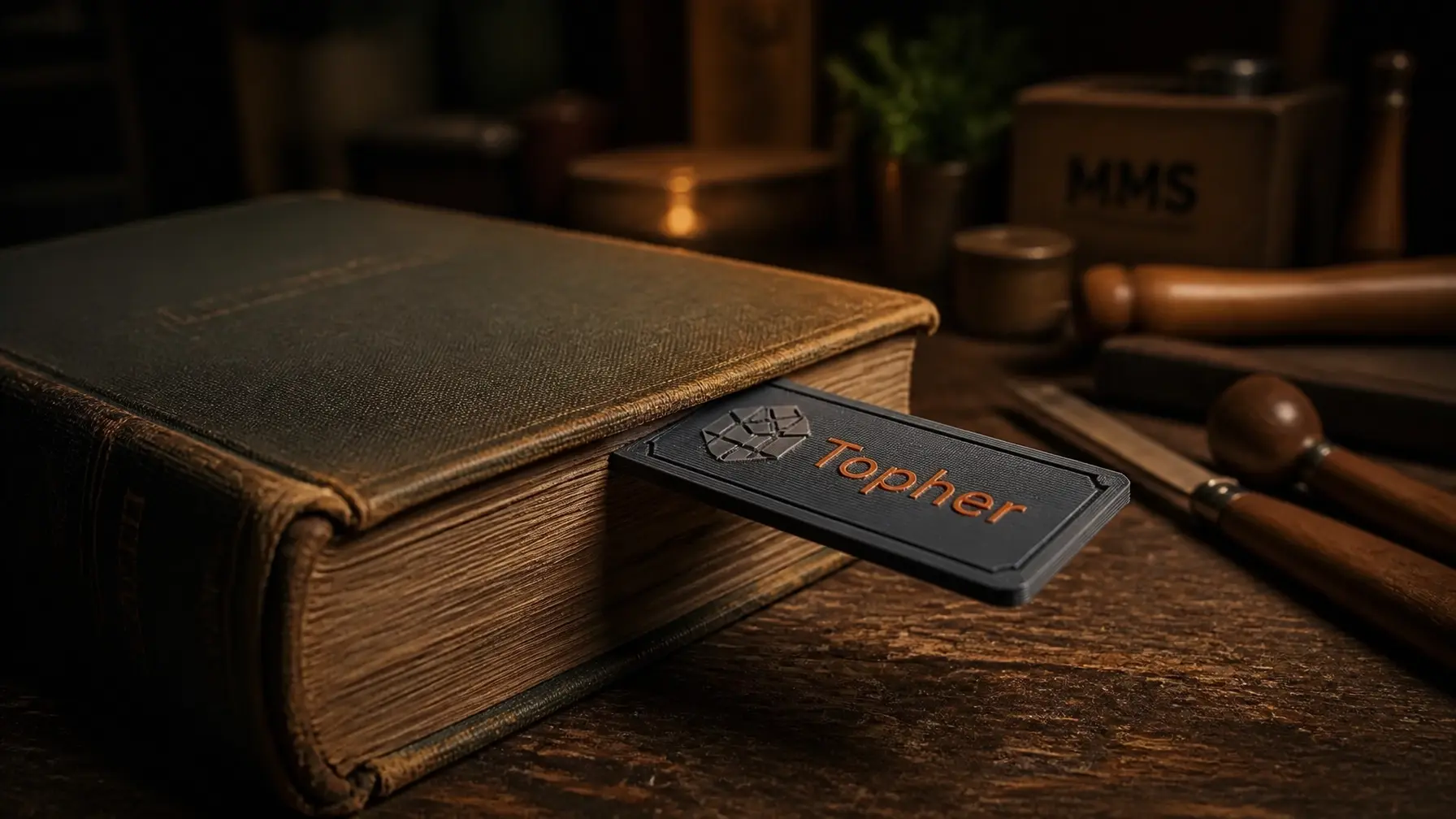 A custom 3D printed bookmark with an embossed name inside a vintage book