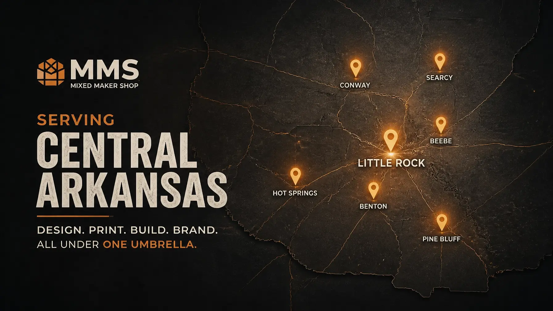 A minimalist map of Arkansas highlighting service areas with warm pins