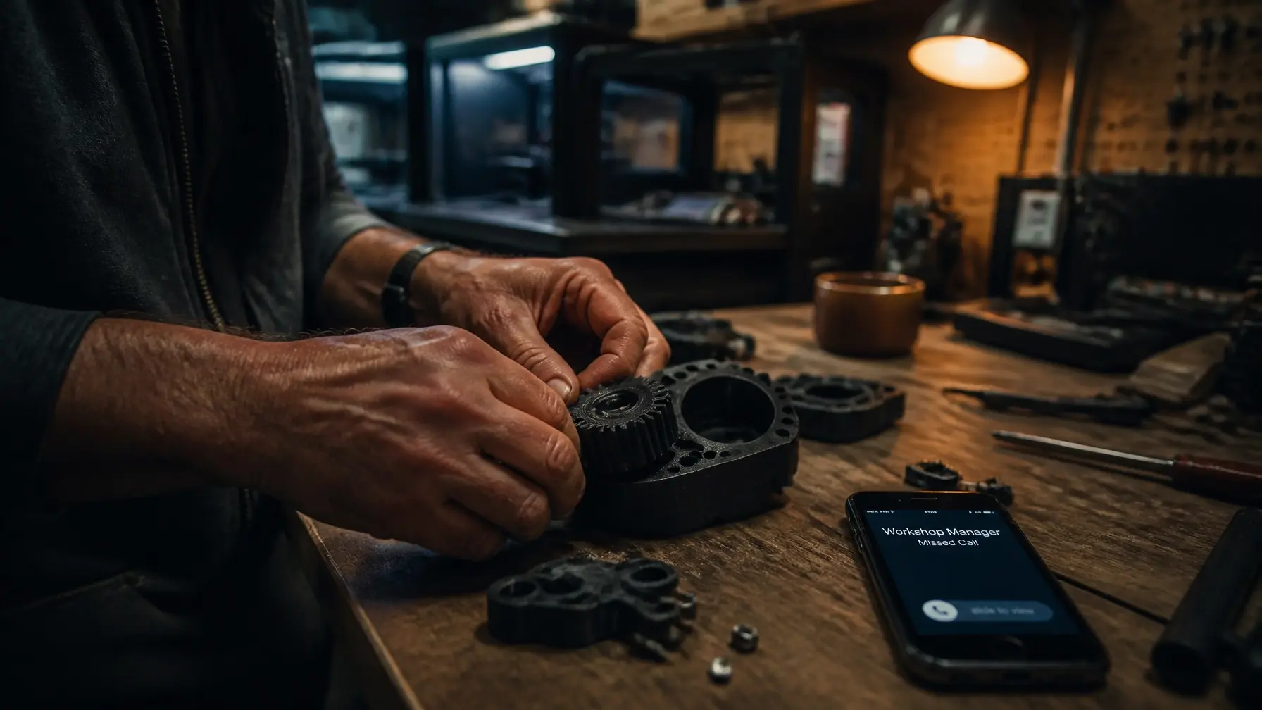 A professional craftsman's workshop with a smartphone showing a missed call next to a 3D printed part