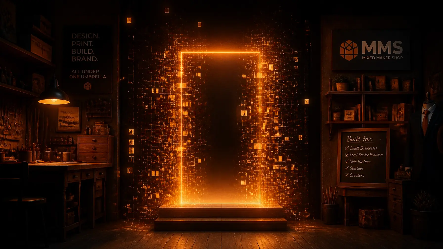 A cinematic digital gateway pulsing with warm orange light in a moody charcoal-colored workshop