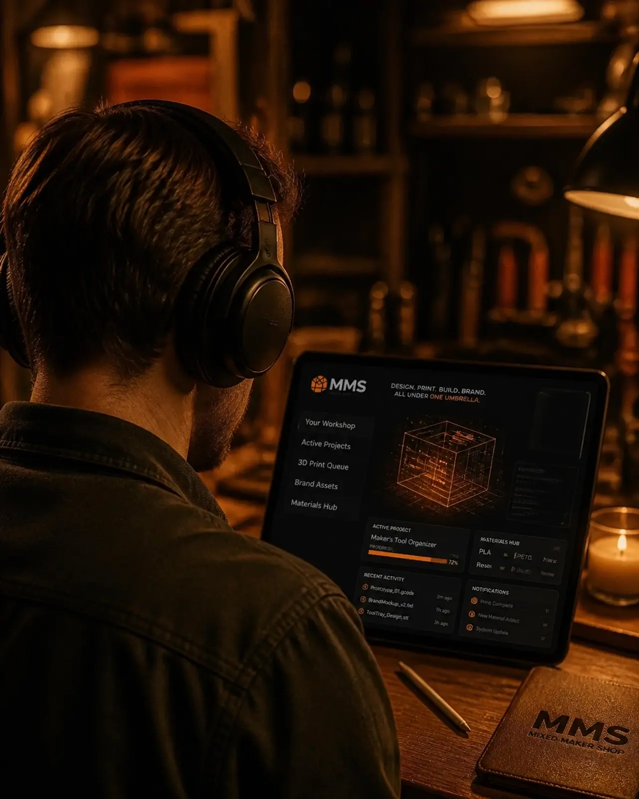 A person wearing headphones, looking at a glowing tablet in a dimly lit atmospheric room