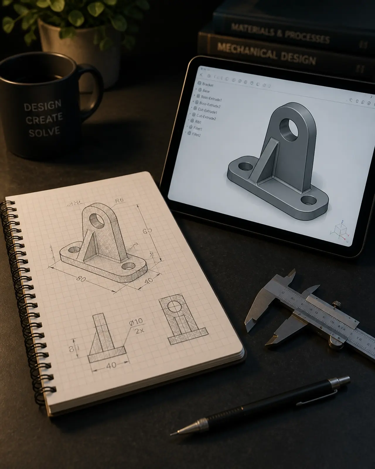 A hand-drawn sketch next to a digital 3D model on a tablet
