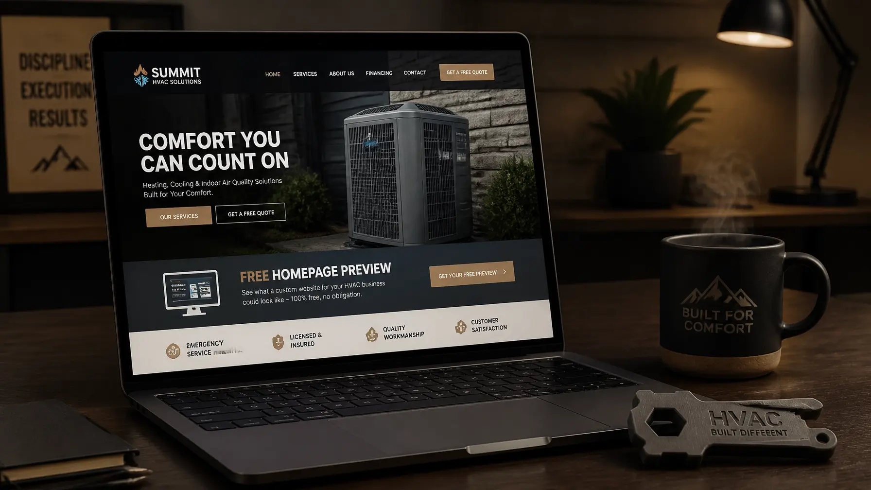 A modern workspace showing a professional HVAC website design and a 3D printed tool