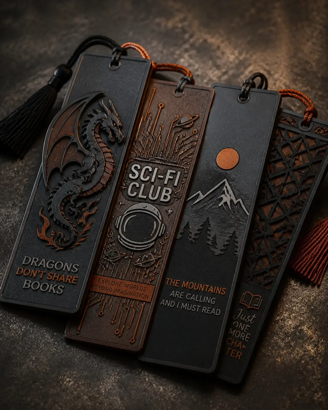 A collection of custom 3D printed bookmarks with different logos and icons