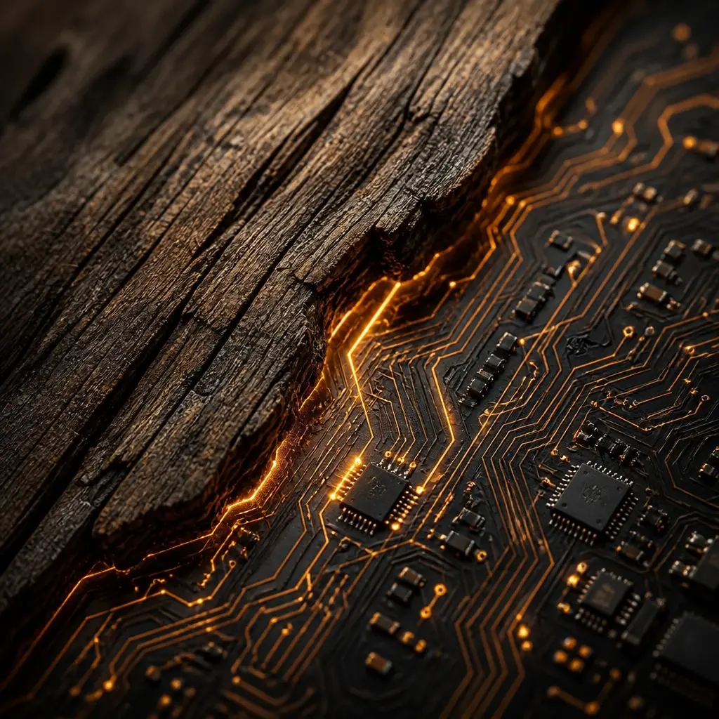 Close-up of wood grain meeting a glowing digital circuit board, representing the blend of physical and digital making
