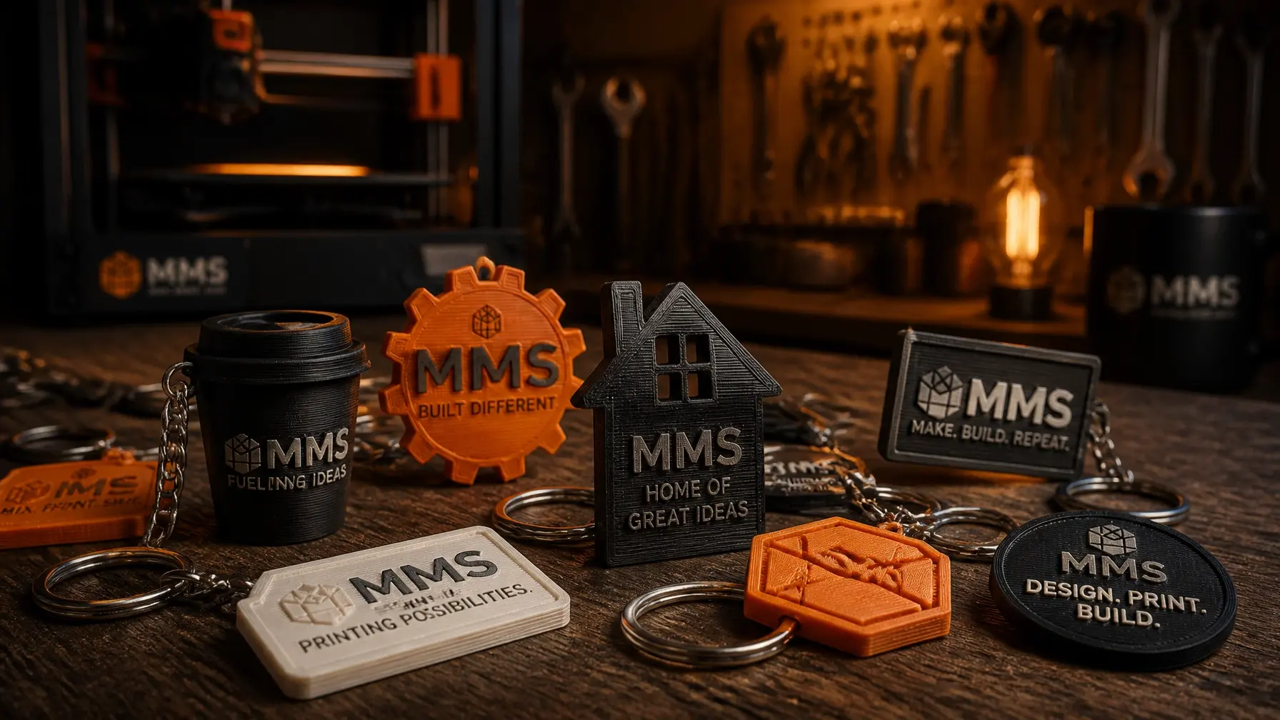 Custom 3D printed keychains with various business logos on a rustic wooden workbench