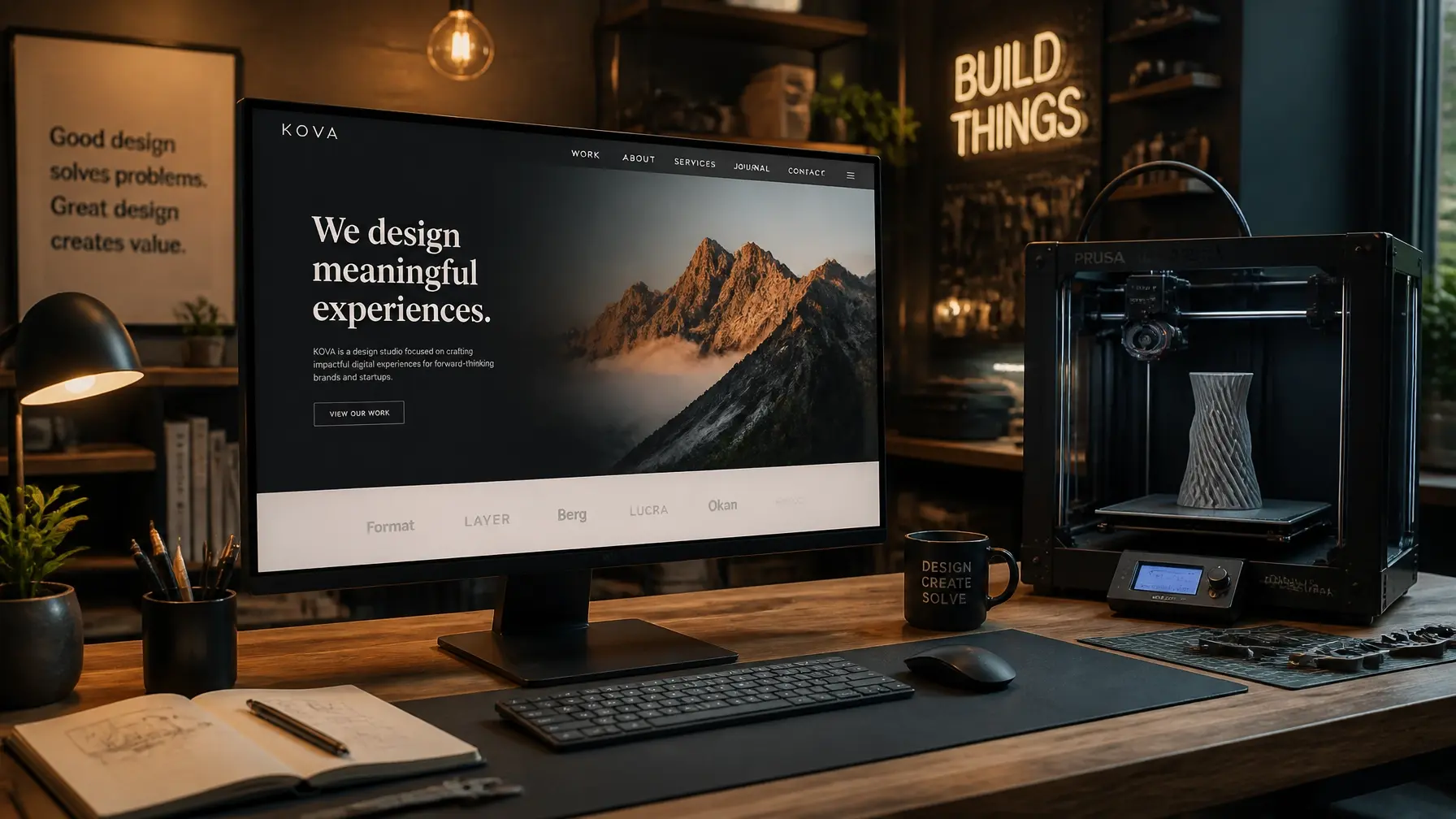 A clean, modern website design shown on a monitor in a creative studio