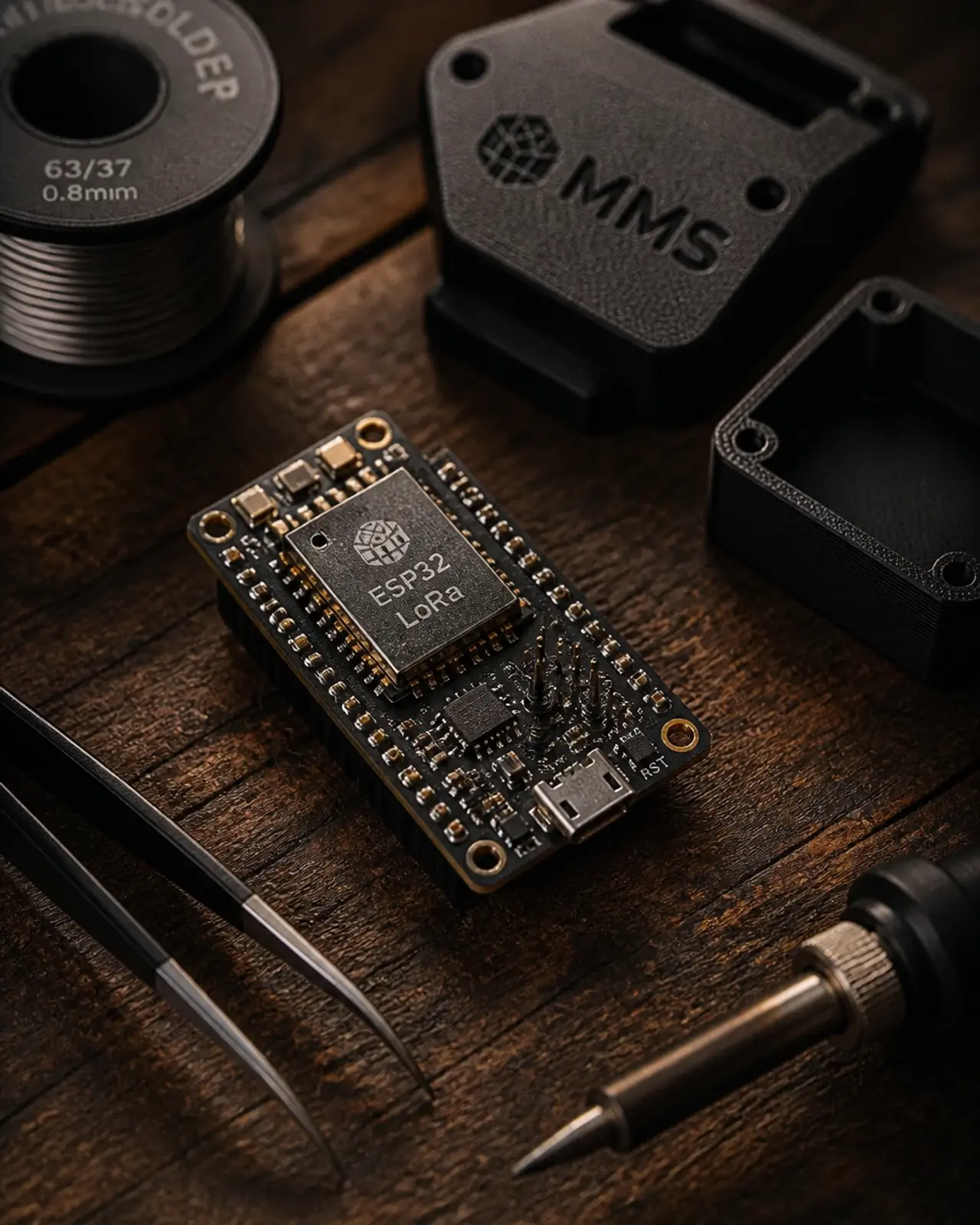 Internal electronics of the LoRa weather station on a rustic workbench