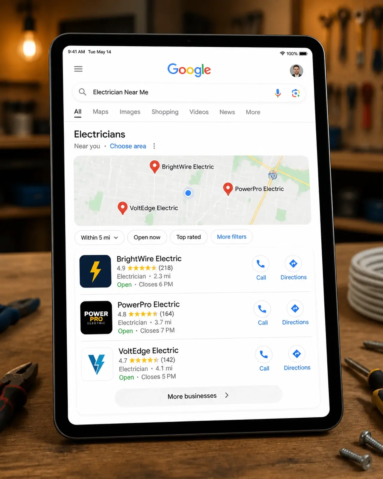 A tablet showing a Google Maps local pack for an electrician search