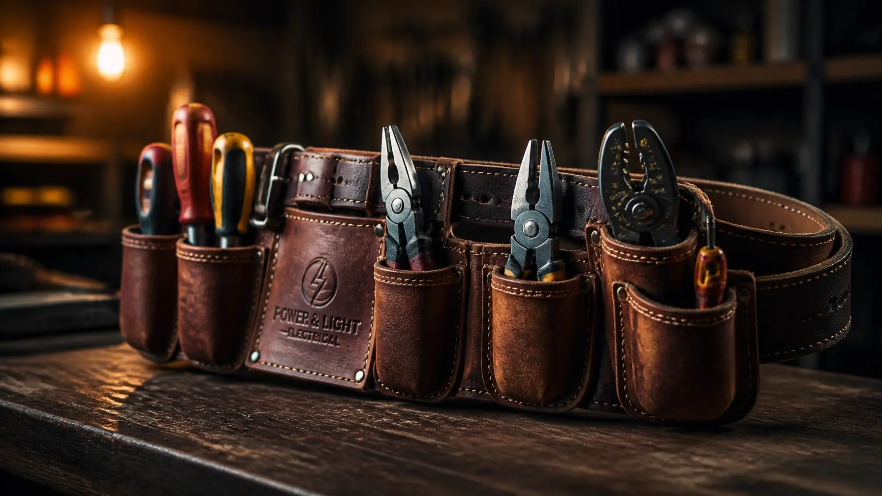 Professional electrician tool belt on a rustic workbench with cinematic lighting