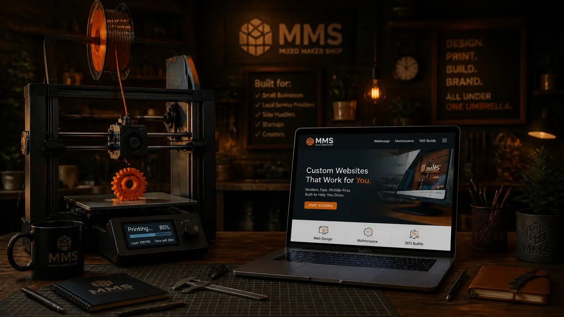 A cinematic wide shot of a creative studio combining 3D printing and digital web design in a warm workshop