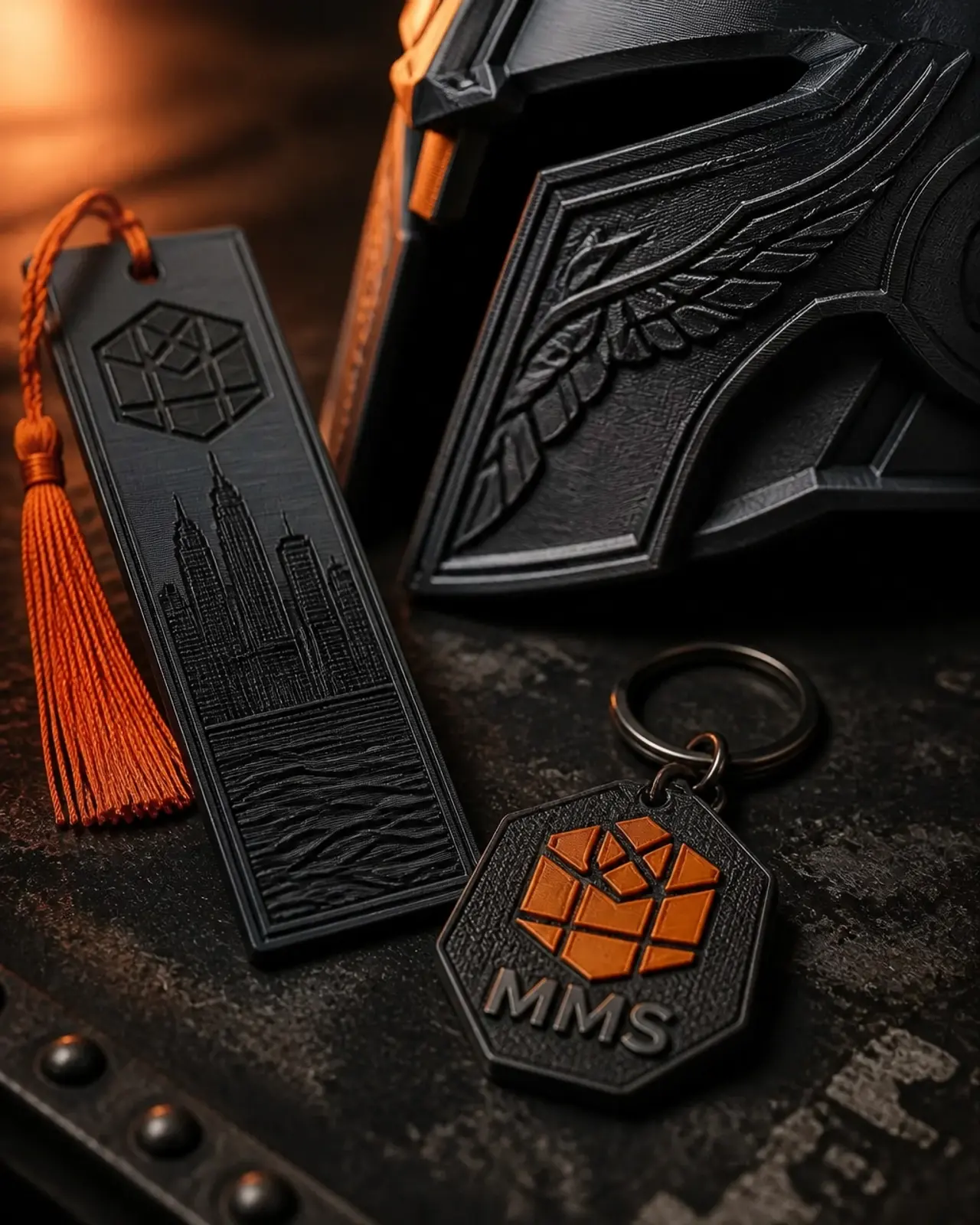 Macro shot of custom 3D printed keychains and high-detail cosplay gear on a dark workshop surface