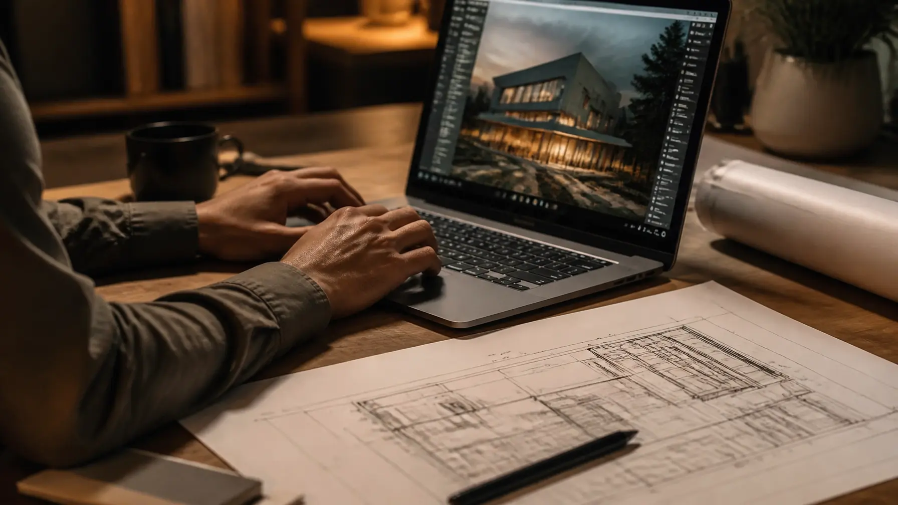 Hands working on a laptop with house blueprints, showcasing the design process