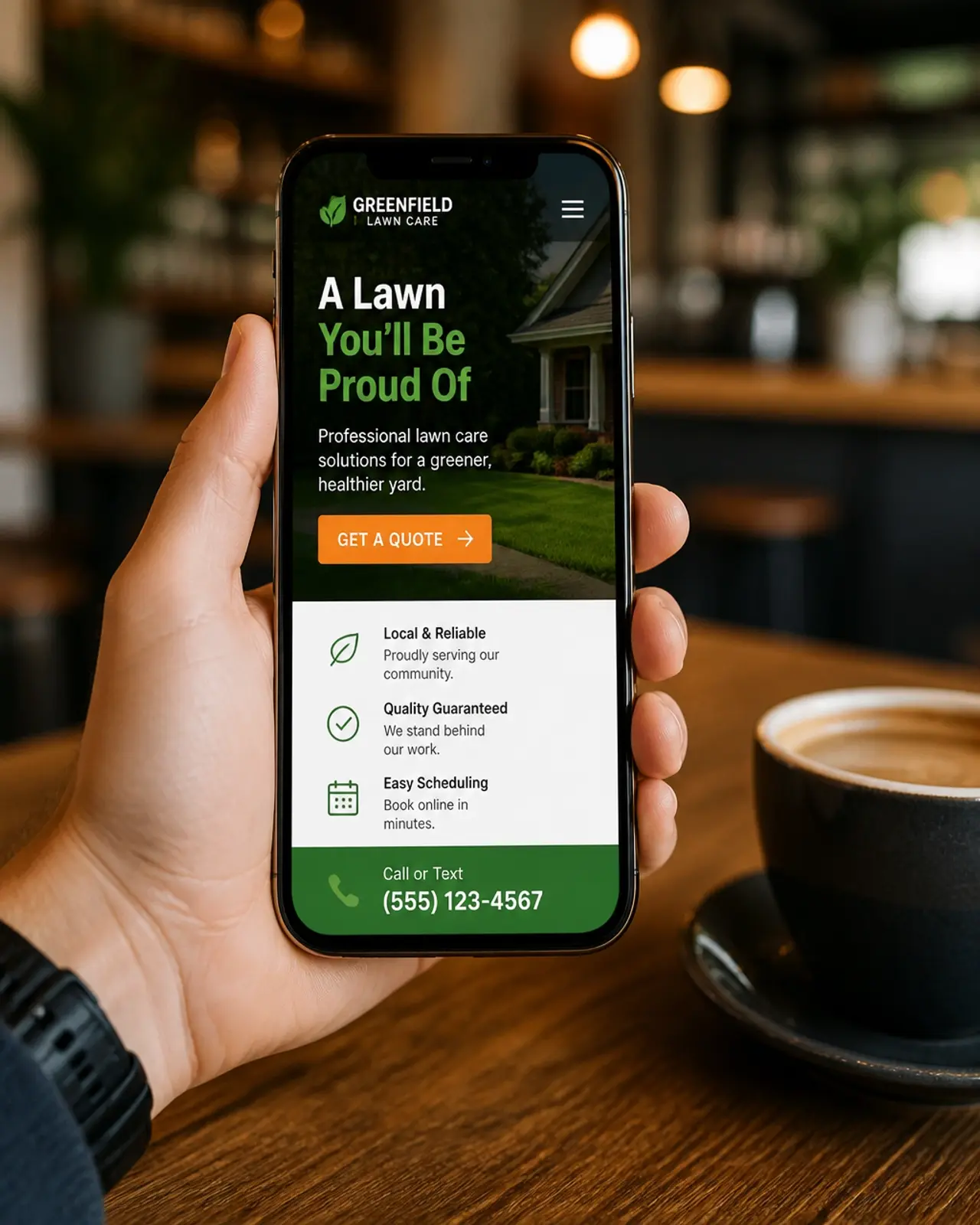 A smartphone displaying a clean, professional service website with a bold Get a Quote button