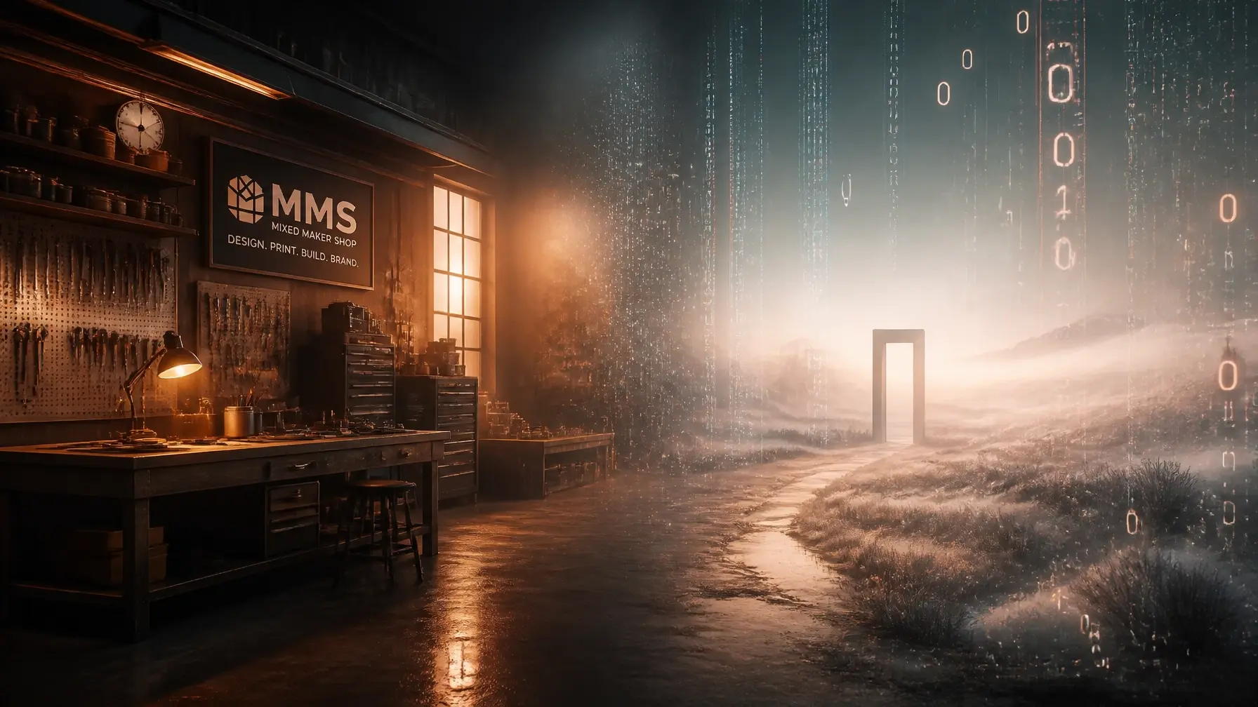 A wide shot of a threshold between a realistic workshop and a foggy digital world of code