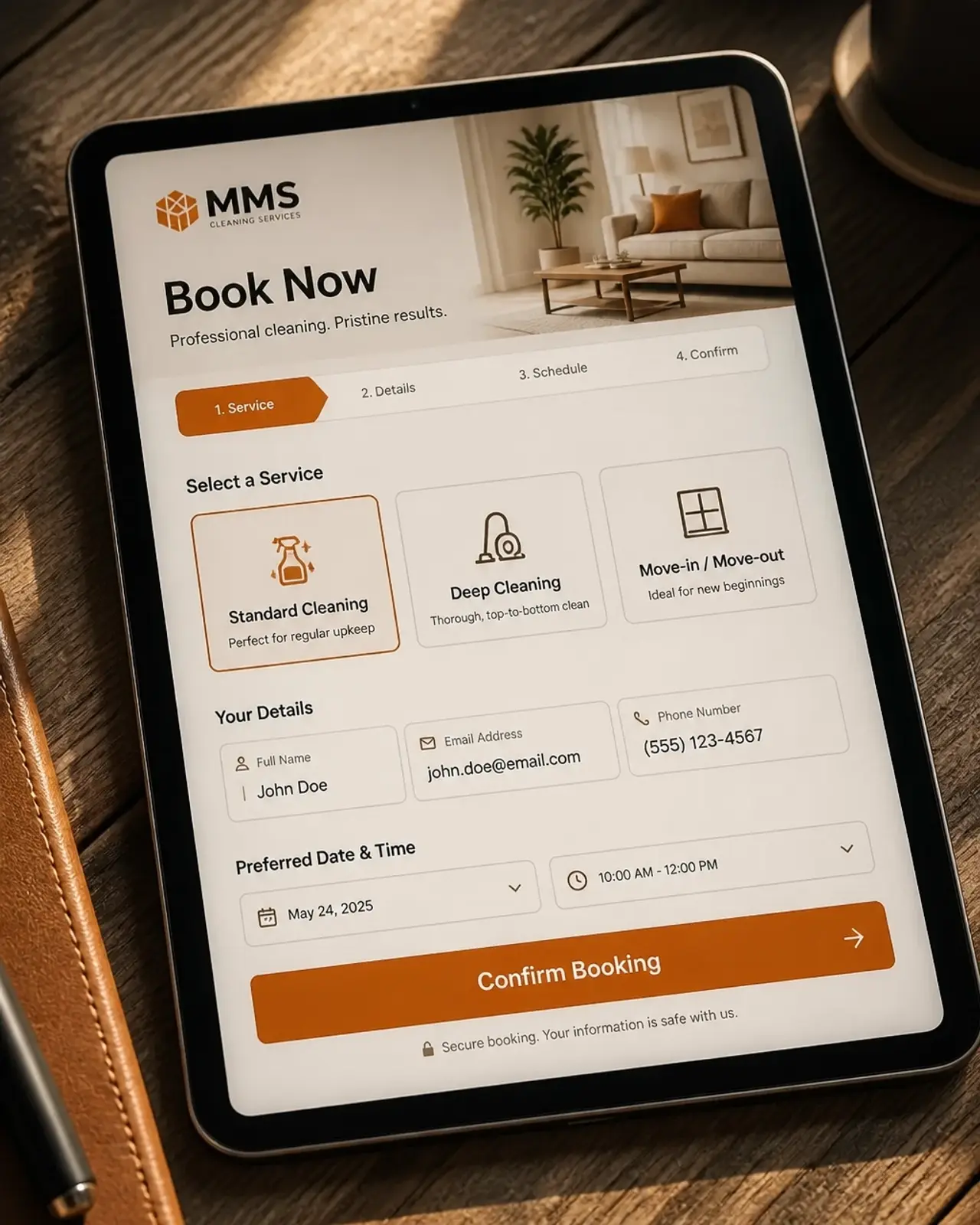 A close-up of a digital booking interface with a prominent orange button