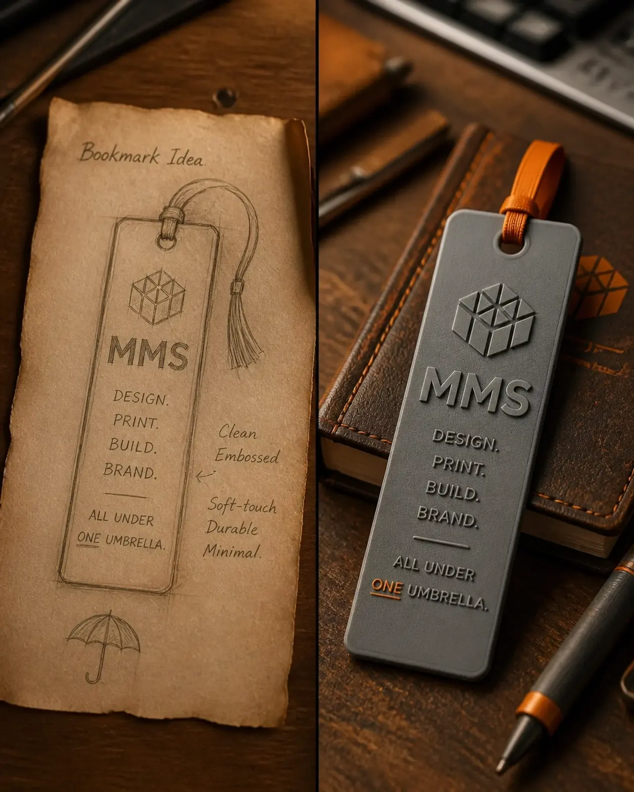 A sketch of a bookmark next to the finished 3D printed product