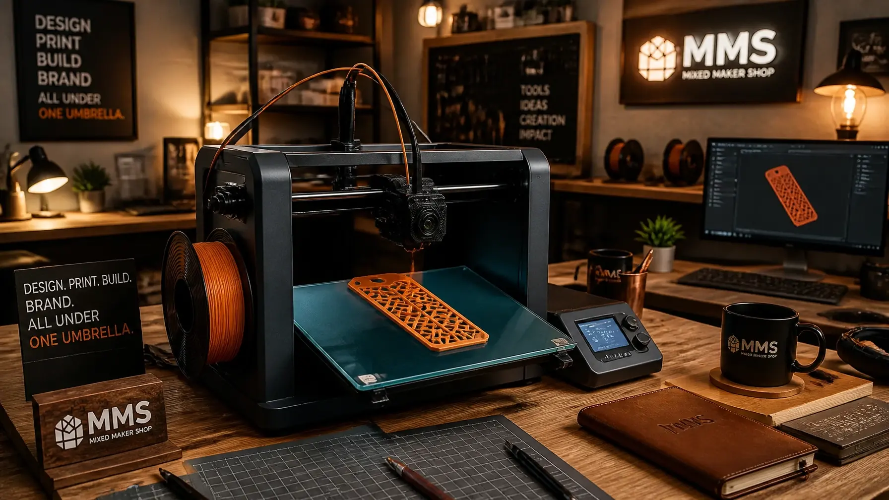 A 3D printer in a workshop setting building a custom bookmark