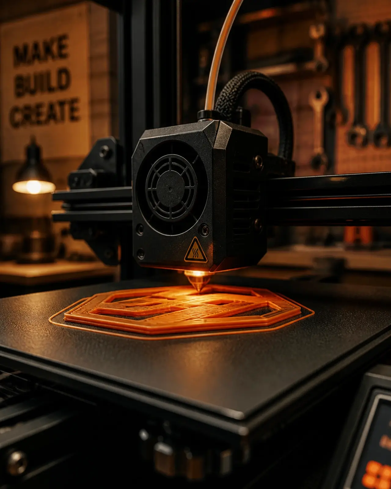 A cinematic close-up of a 3D printer creating a custom part in a workshop