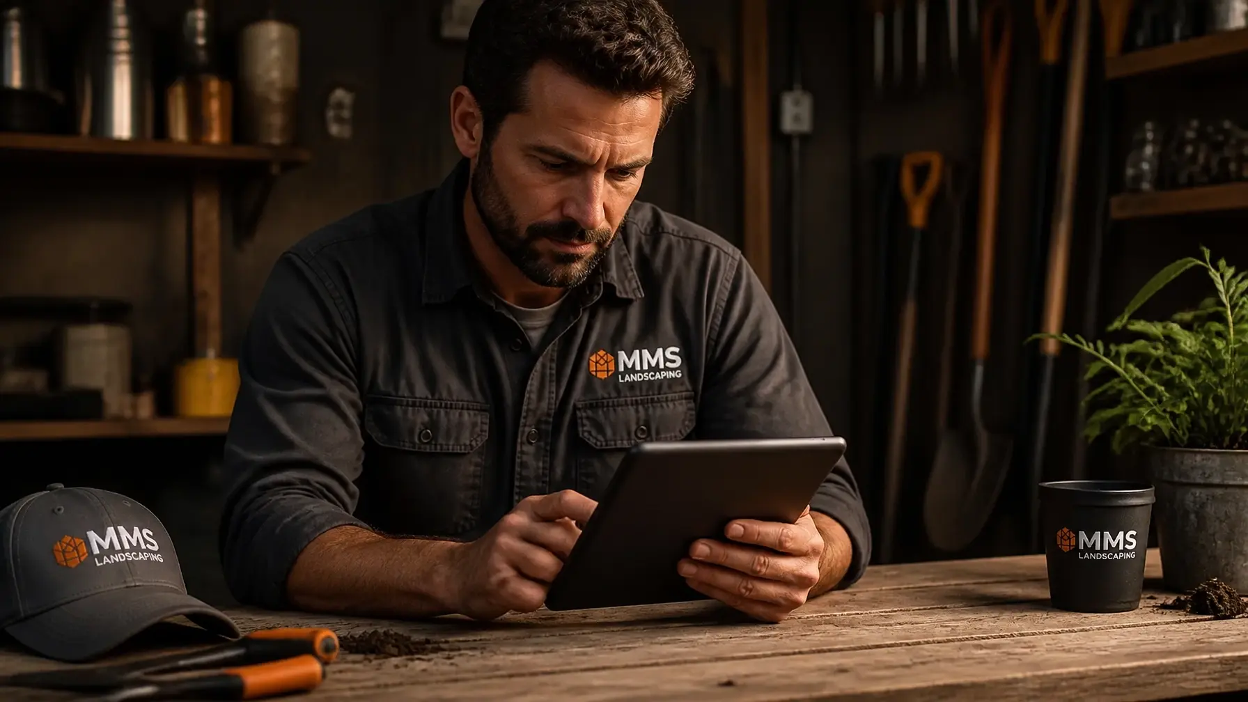 A local service professional in a warm, cinematic workshop setting reviewing digital plans on a tablet