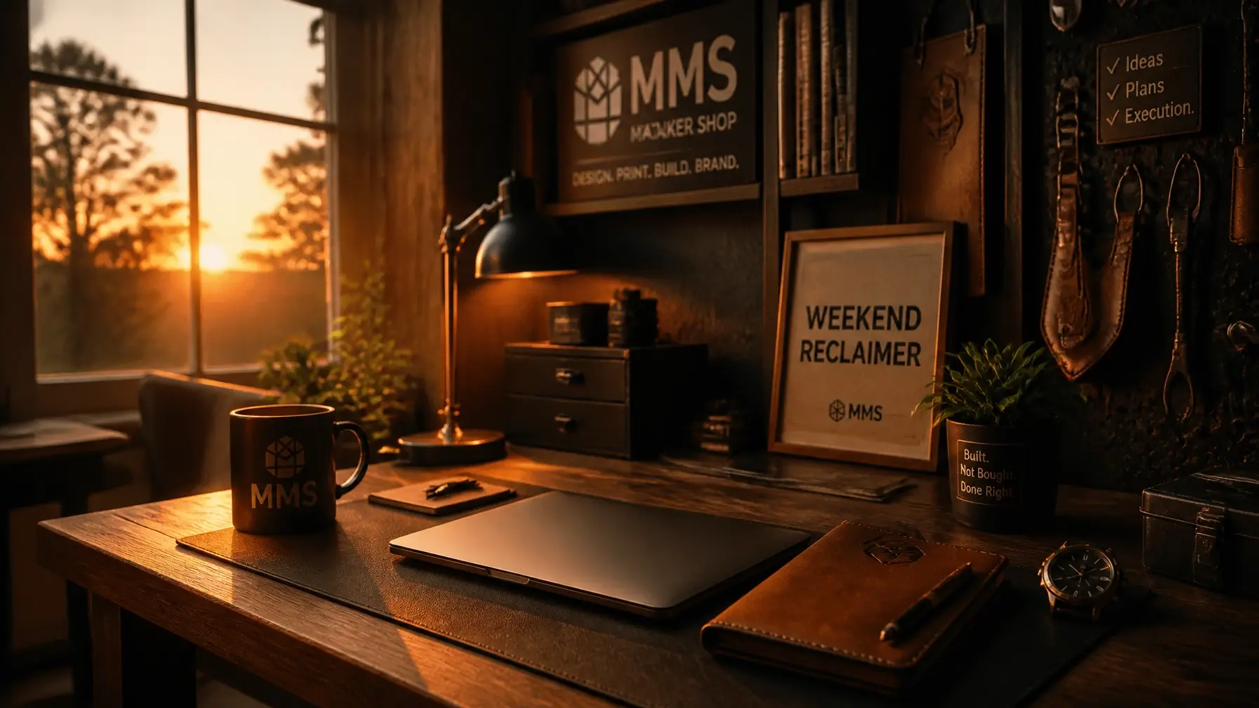 A serene, quiet workshop corner at sunset
