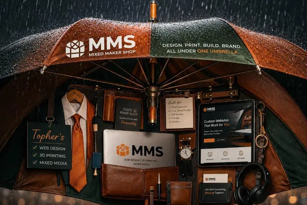 MixedMakerShop umbrella showcasing various services