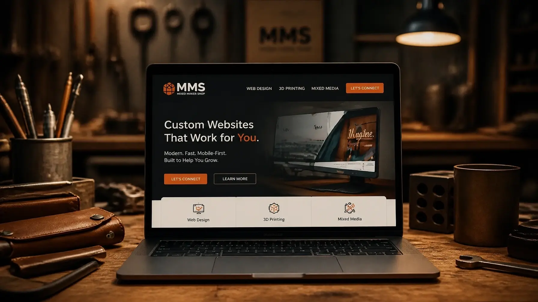 A cinematic shot of a clean, optimized laptop on a rustic workshop table, featuring warm lighting and a soft-focus background of tools