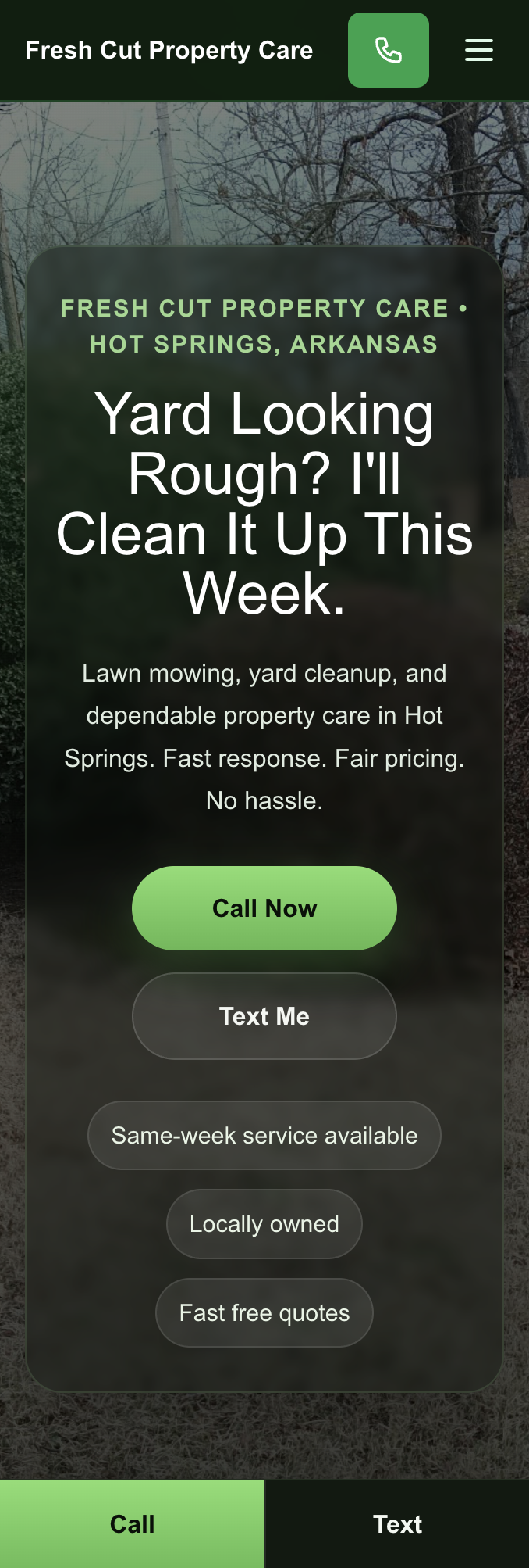 Homepage preview of Fresh Cut Property Care — lawn care hero and call-to-action